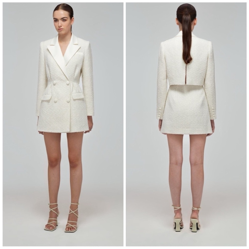 Self-Portrait Ivory Metallic Boucle Tailored Mini Blazer Dress Size US4